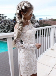 Women's Solid off Shoulder Long Sleeve Lace Bodycon Dress