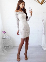 Women's Solid off Shoulder Long Sleeve Lace Bodycon Dress