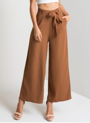 Women's Belt Decoration Solid Wide Leg Pants