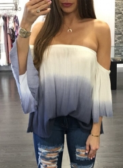 Women's Fashion off Shoulder Flare Sleeve Gradient Color Loose Blouse