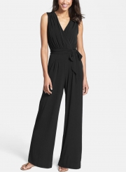 Women's Fashion Solid V Neck Sleeveless Wide-Leg Jumpsuit with Belt