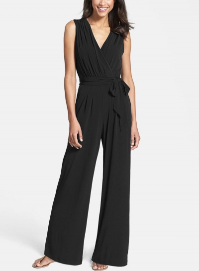 Women's Fashion Solid V Neck Sleeveless Wide-Leg Jumpsuit with Belt LEXELFASHIONINTSHOPS.com