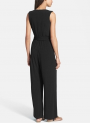 Women's Fashion Solid V Neck Sleeveless Wide-Leg Jumpsuit with Belt