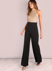 Women's Halter Off Shoulder Sequin Panel Jumpsuit