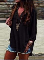 Women's Fashion V Neck Long Sleeve High Low Solid Loose Blouse