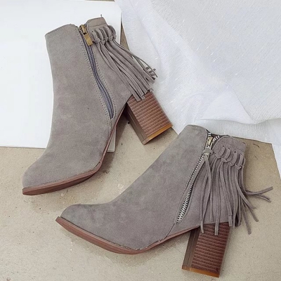 Women's Fashion Round Toe Zipper Fringe Suede Ankle Boots
