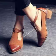 Women's Vintage Pointed Toe Block Heels Color Block Ankle Strap Shoes
