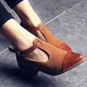 Women's Vintage Pointed Toe Block Heels Color Block Ankle Strap Shoes