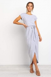 Short Sleeve High Slit Solid Maxi Dress with Belt
