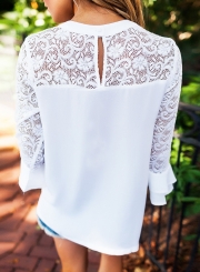 Women's Solid Color Lace Panel Round Neck Blouse