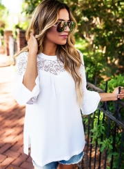 Women's Solid Color Lace Panel Round Neck Blouse