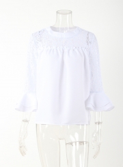 Women's Solid Color Lace Panel Round Neck Blouse