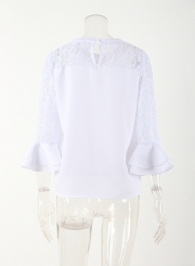 Women's Solid Color Lace Panel Round Neck Blouse