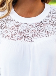 Women's Solid Color Lace Panel Round Neck Blouse