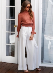 Solid High Neck Flare Sleeve Blouse