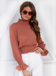 Solid High Neck Flare Sleeve Blouse