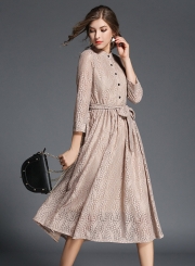 Elegant 3/4 Sleeve Lace Midi Dress with Belt