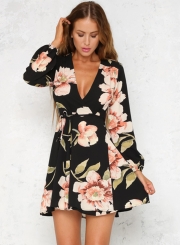 Fashion Deep V Neck Long Sleeve Floral Printed Mini Dress