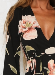 Fashion Deep V Neck Long Sleeve Floral Printed Mini Dress