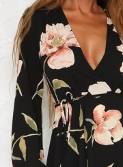 Fashion Deep V Neck Long Sleeve Floral Printed Mini Dress