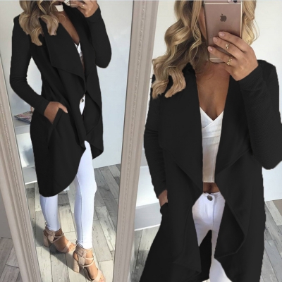 Open Front Solid Long Sleeve Trench Coat