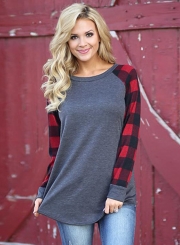 Round Neck Plaid Sleeve Tee Shirt