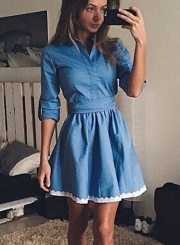 Turn-down Collar Half Sleeve Denim Dress