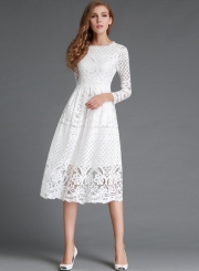 Round Neck Lace Panel Long Sleeve Dress