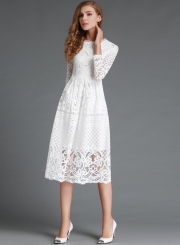 Round Neck Lace Panel Long Sleeve Dress