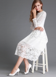 Round Neck Lace Panel Long Sleeve Dress