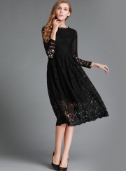 Round Neck Lace Panel Long Sleeve Dress