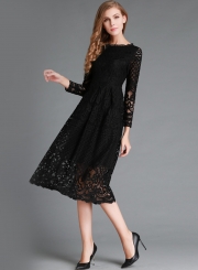 Round Neck Lace Panel Long Sleeve Dress