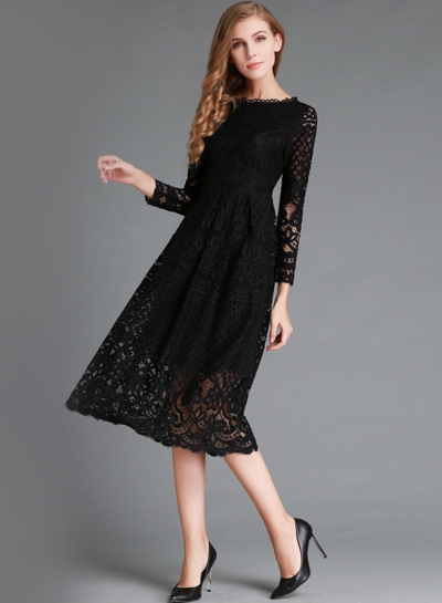Round Neck Lace Panel Long Sleeve Dress stylesimo.com