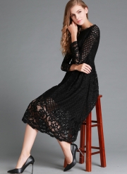 Round Neck Lace Panel Long Sleeve Dress