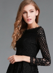 Round Neck Lace Panel Long Sleeve Dress