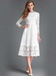 Round Neck Lace Panel Long Sleeve Dress