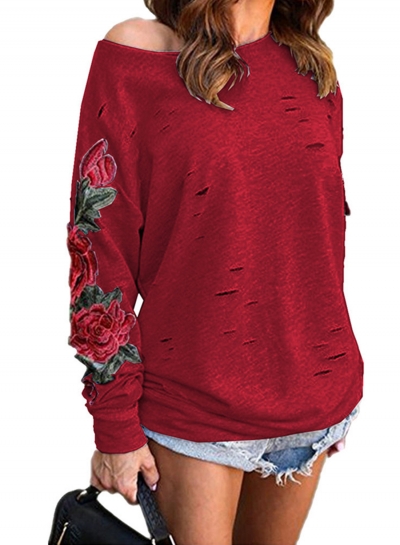 One Shoulder Long Sleeve Ripped Hole Rose Embroidery Sweatshirt