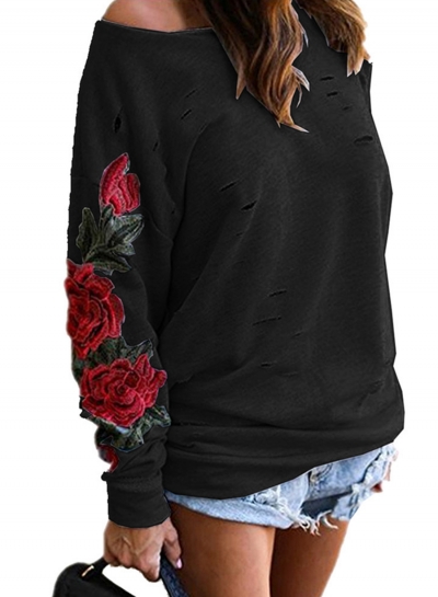 One Shoulder Long Sleeve Ripped Hole Rose Embroidery Sweatshirt STYLESIMO.com