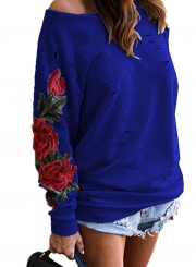 One Shoulder Long Sleeve Ripped Hole Rose Embroidery Sweatshirt