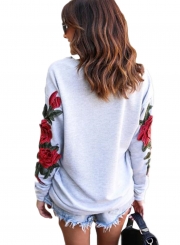 One Shoulder Long Sleeve Ripped Hole Rose Embroidery Sweatshirt