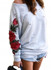 One Shoulder Long Sleeve Ripped Hole Rose Embroidery Sweatshirt