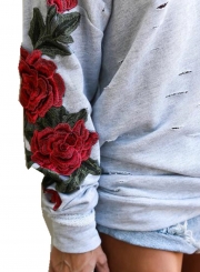 One Shoulder Long Sleeve Ripped Hole Rose Embroidery Sweatshirt