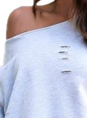 One Shoulder Long Sleeve Ripped Hole Rose Embroidery Sweatshirt
