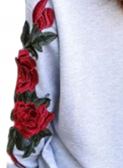 One Shoulder Long Sleeve Ripped Hole Rose Embroidery Sweatshirt