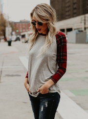 Round Neck Plaid Sleeve Color Block Knit Tee Shirt