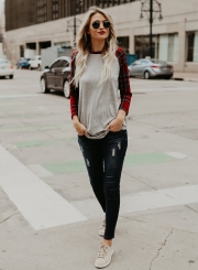 Round Neck Plaid Sleeve Color Block Knit Tee Shirt