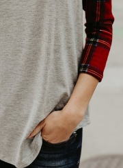 Round Neck Plaid Sleeve Color Block Knit Tee Shirt