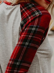 Round Neck Plaid Sleeve Color Block Knit Tee Shirt