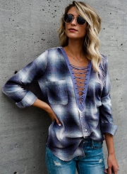 Fashion V Neck Long Sleeve Plaid Lace Up Blouse