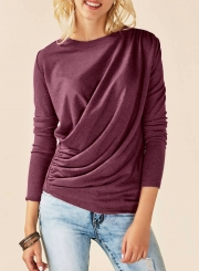 Solid Round Neck Long Sleeve Ruffle Knit Tee Shirt